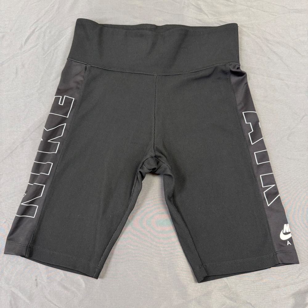Nike Women's Air Bike Ribbed Biker Shorts Black High Waisted Graphic Logo Medium